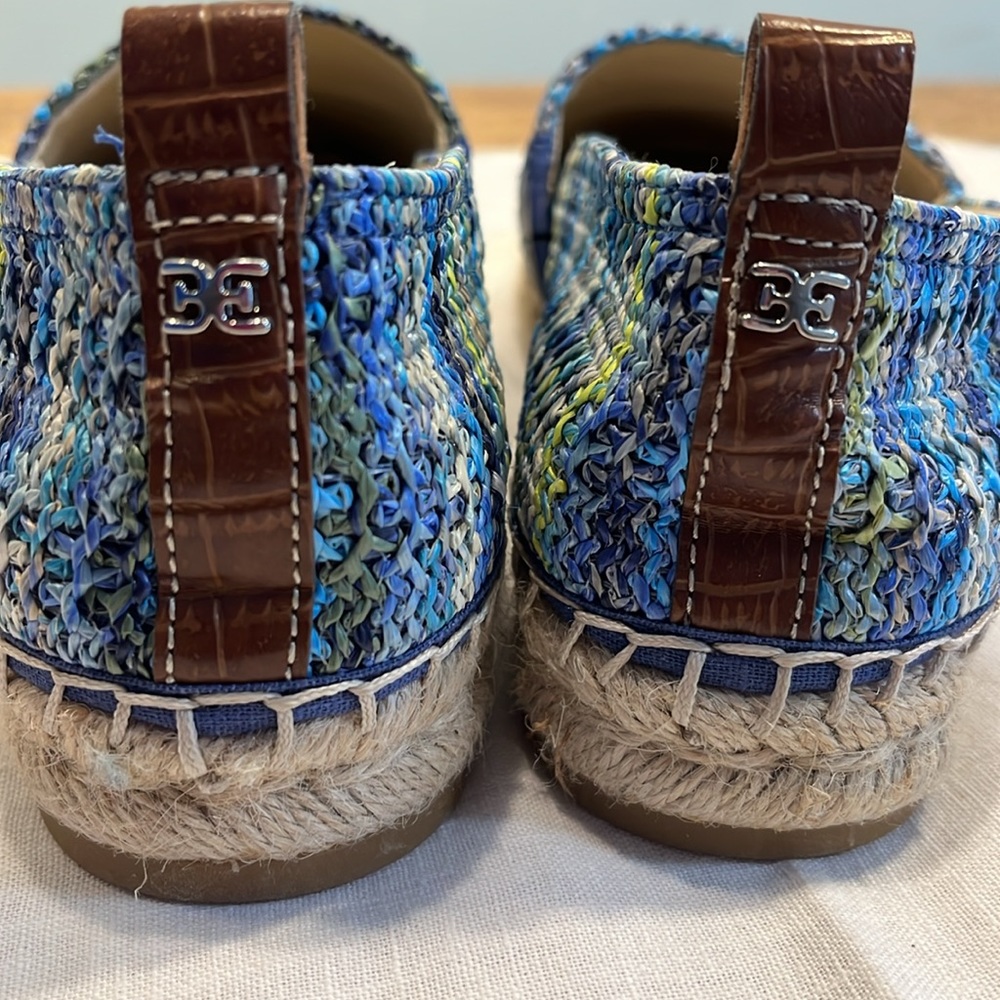 Sam Edelman Blue Green Multicolor Woven Espadrille Flats with Brown Heel Tab